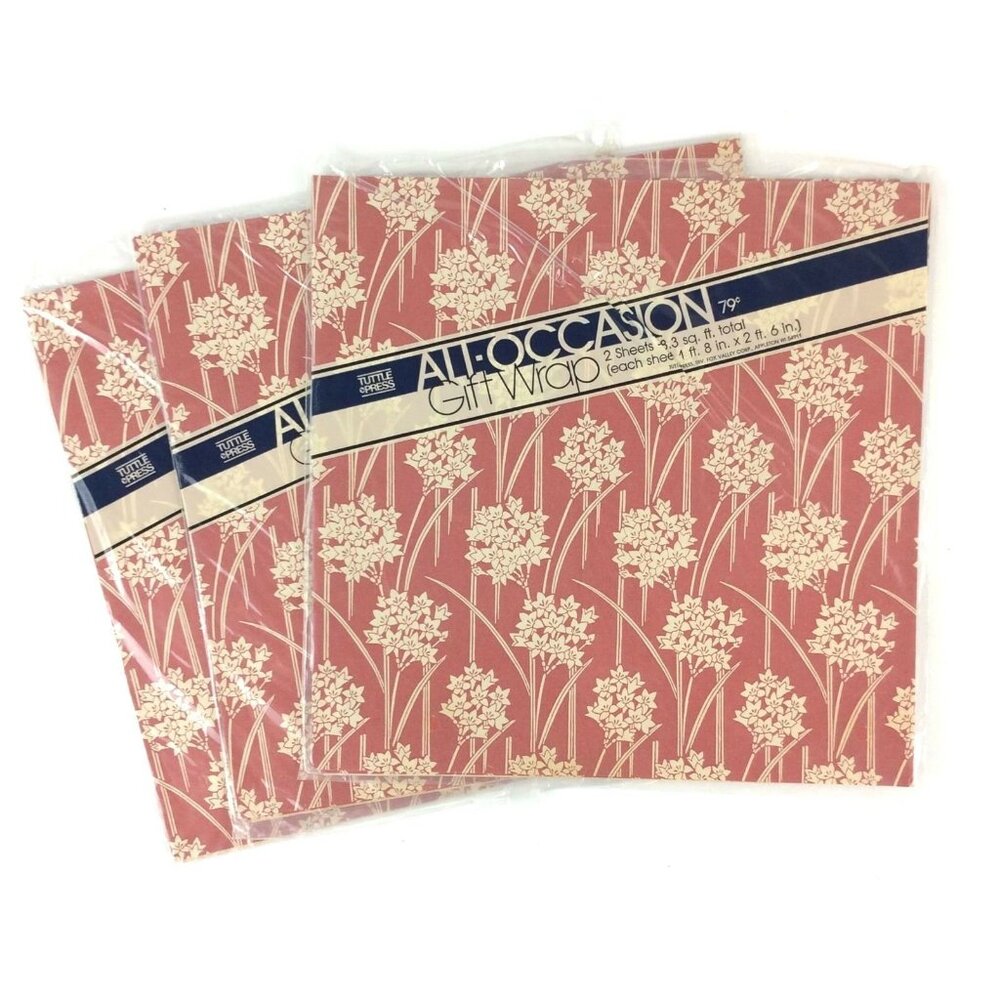 Tuttle Press All-Occasion Gift Wrap Rust Cream Floral 3 Packages 12 Sheets Total